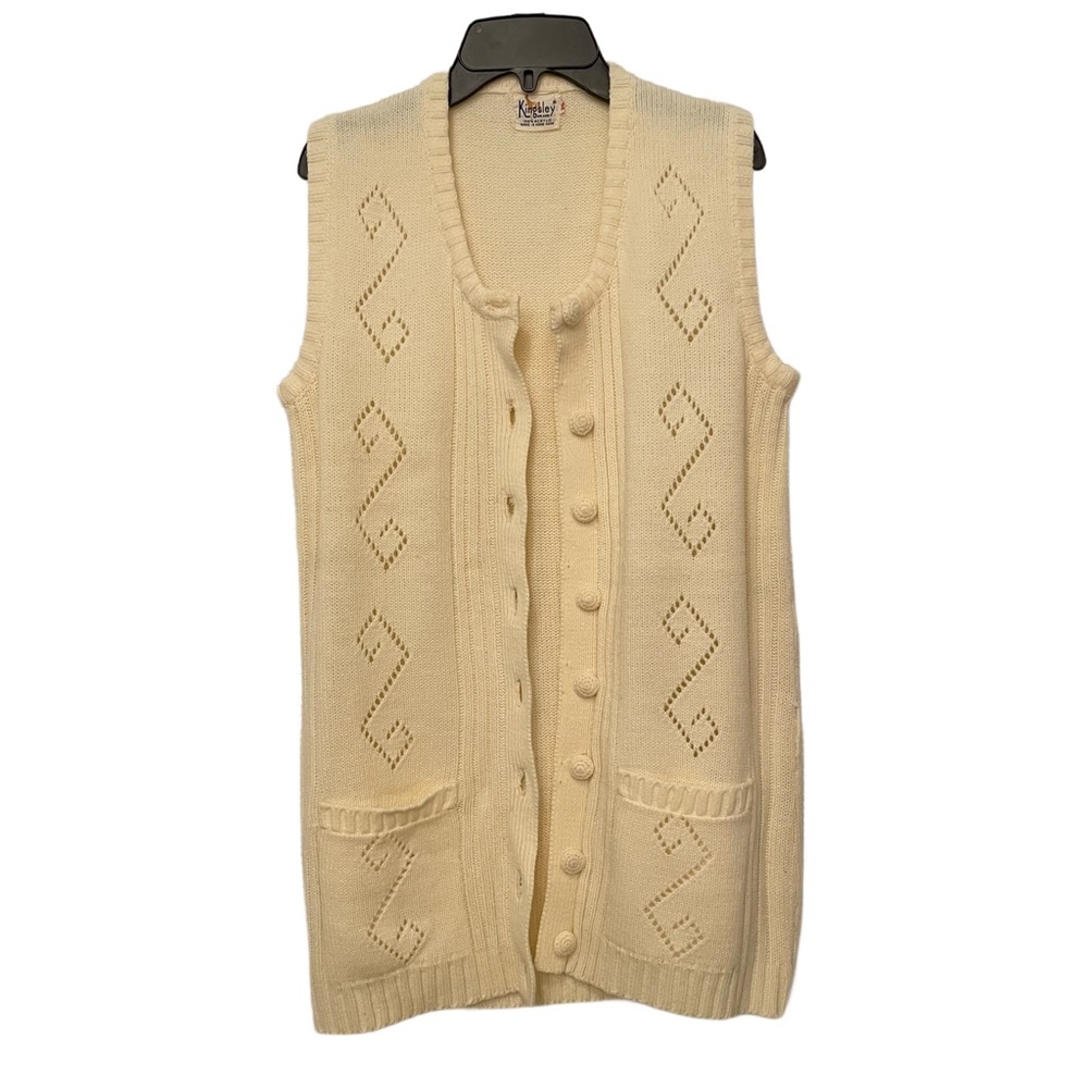 Vintage Kingsley Vest Cardigan Sweater Womens Small 36 Cream Acrylic Hong Kong